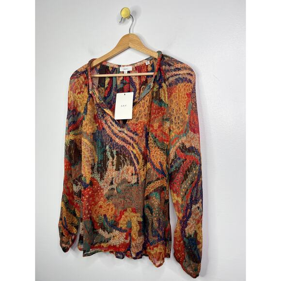 NW T.L.C. Printed Silk V-Neck Curved Hem Long Sleeve Casual Blouse Size: 0 - Picture 3 of 10